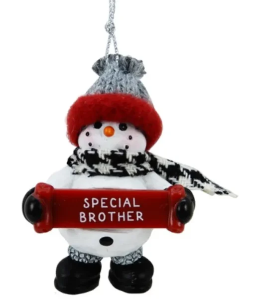 Bonhomme de neige avec bannière, message, "Frère spécial", ornement, Special Brother