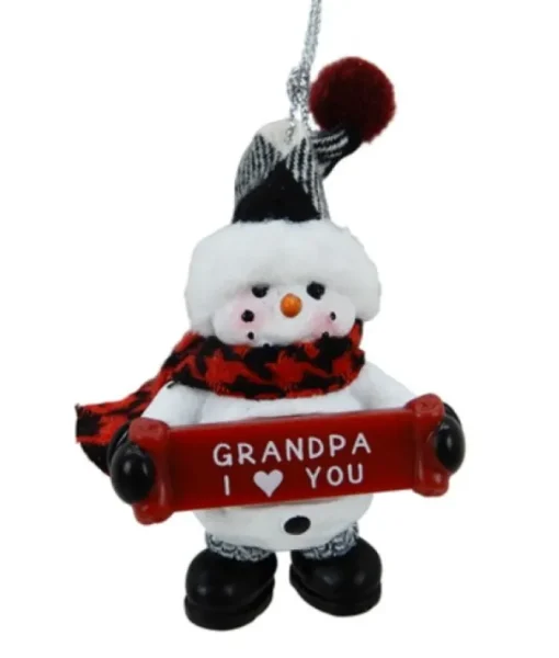 Bonhomme de neige avec bannière, message, "Grand-père je t'aime", ornement