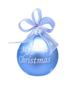 Boule de verre bleu « My First Christmas » à personnaliser. Motif cigogne