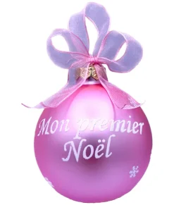 Boule de verre rose « Mon Premier Noël » à personnaliser. Motif cigogne