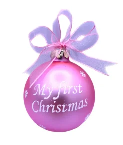 Boule de verre rose « My First Christmas » à personnaliser. Motif petits pieds