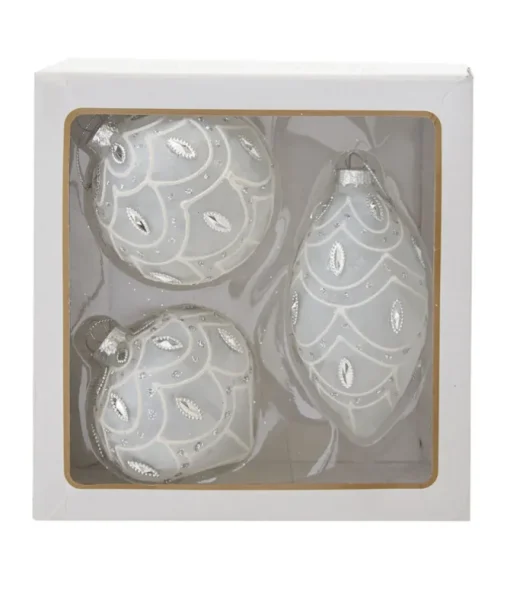 Boules rondes, oignon et filial en verre blanc, 80 mm, boîte de 3
