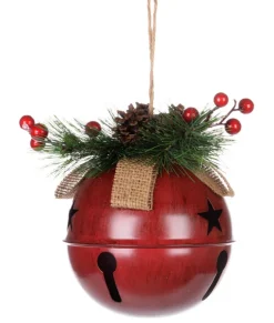 Décor à la maison, clochette rouge de 6 po avec brin de baies et pomme de pin