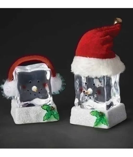 Décor de table, Cubes de bonhomme de neige avec Chapeau de Pere Noel à DEL