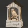 Décor de table, hibou blanc sur une branche, dans une lanterne blanche, lumière scintillante
