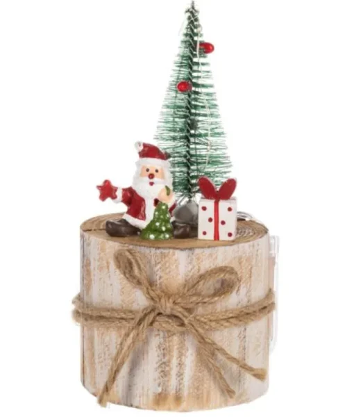 Décor de table, Père Noël, avec des cadeaux montés sur une section d’arbre.
