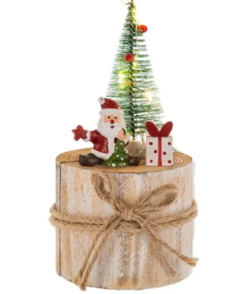 Décor de table, Père Noël, avec des cadeaux montés sur une section d’arbre.