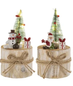 Décor de table, Père Noël, avec des cadeaux montés sur une section d’arbre.