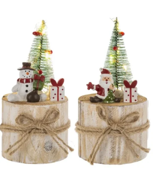 Décor de table, Père Noël, avec des cadeaux montés sur une section d’arbre.