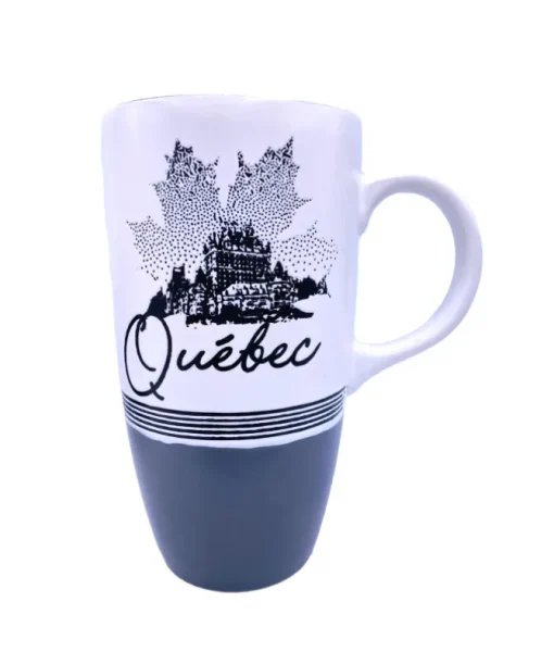 Grande tasse souvenir, motif de feuilles d'érable et le Château Frontenac.