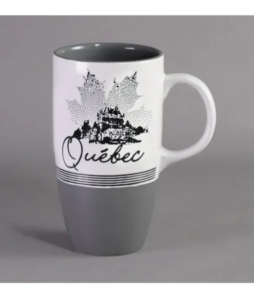 Grande tasse souvenir, motif de feuilles d'érable et le Château Frontenac.