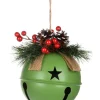 Home decor, 6" green jingle bell with sprig of berries and pine cone