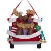 Ornement avec cloches, camionnette rouge avec 4 orignaux et sapin de Noël
