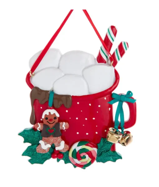Ornement avec grelots, mug de chocolat chaud