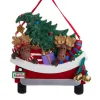 Ornement avec mini-cloches, camionnette rouge avec 2 orignaux et sapin de Noël