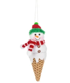 Ornement, bonhomme de neige en forme de cornet de crème glacée, en tissu
