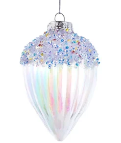 Ornement, boule de fleuron en verre, paillettes argentées et colorées