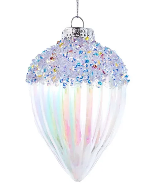 Ornement, boule de fleuron en verre, paillettes argentées et colorées
