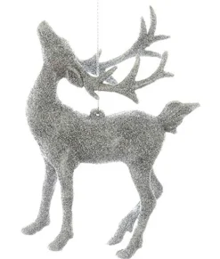 Ornement, cerf argenté scintillant, avec son cou arqué