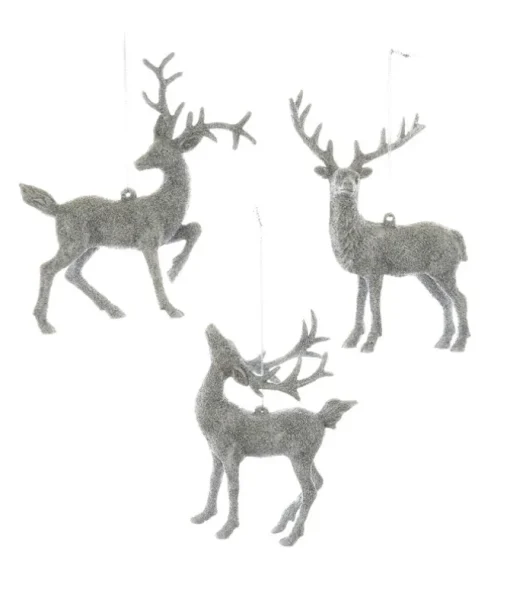 Ornement, cerf argenté scintillant, avec son cou arqué