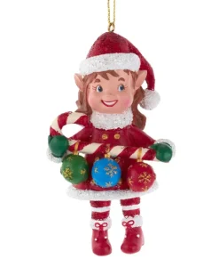 Ornement, "Chapeau rouge", Madame Lutin avec canne en bonbon décorée