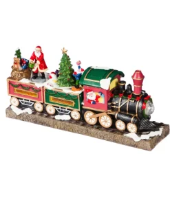 Ornement de table, train musical animé avec le Père Noël et ses elfes.