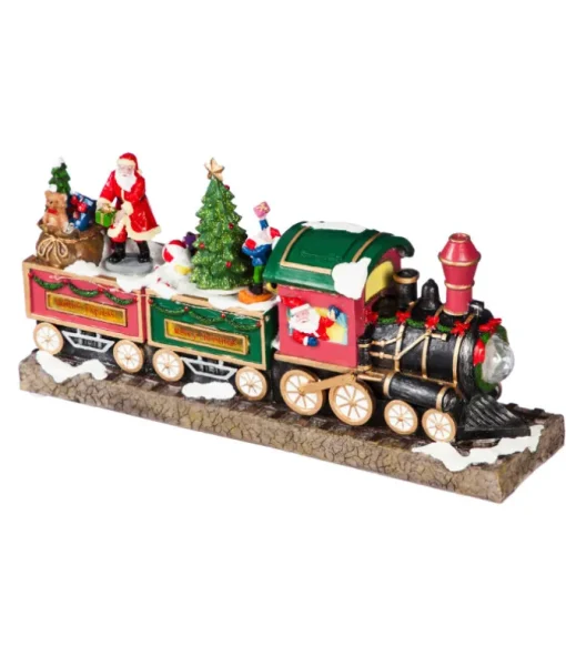 Ornement de table, train musical animé avec le Père Noël et ses elfes.