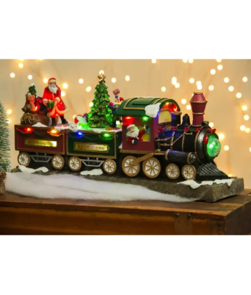 Ornement de table, train musical animé avec le Père Noël et ses elfes.