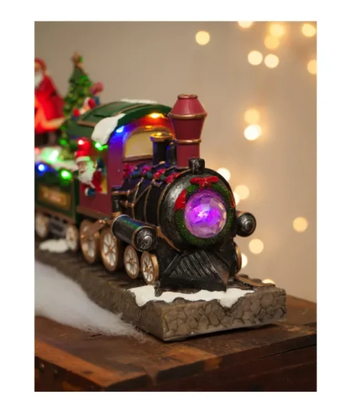 Ornement de table, train musical animé avec le Père Noël et ses elfes.