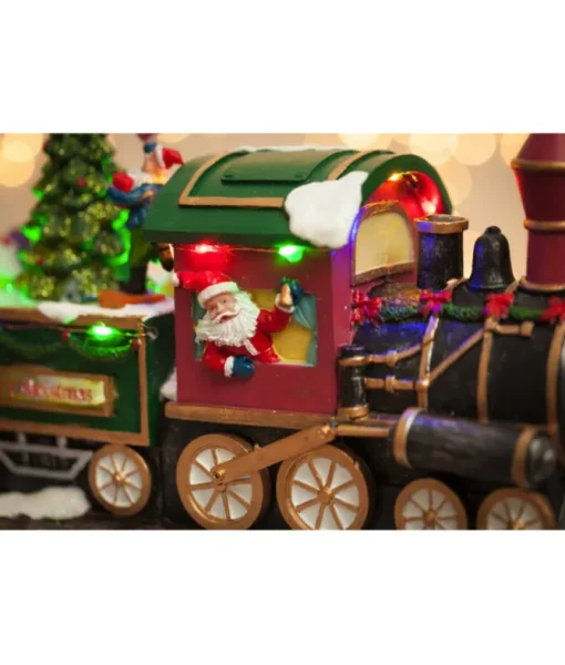 Ornement de table, train musical animé avec le Père Noël et ses elfes.