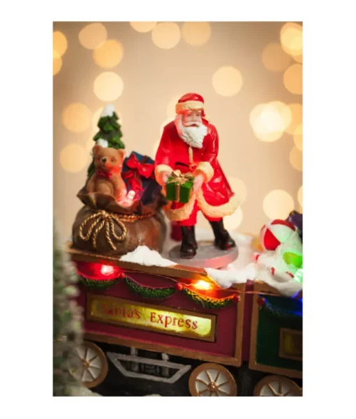 Ornement de table, train musical animé avec le Père Noël et ses elfes.