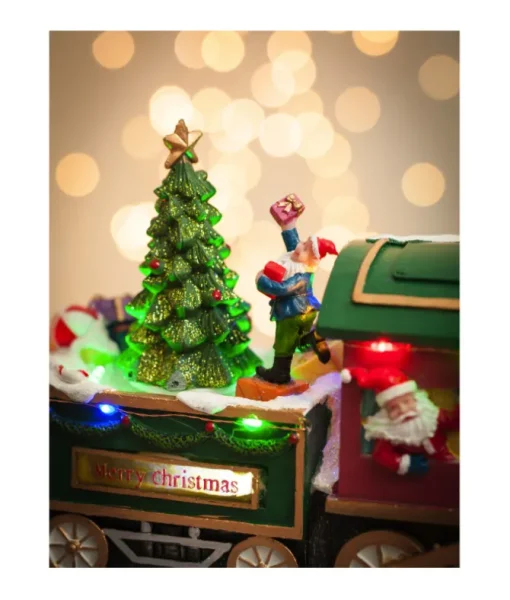 Ornement de table, train musical animé avec le Père Noël et ses elfes.