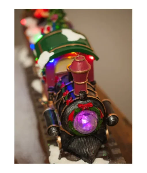 Ornement de table, train musical animé avec le Père Noël et ses elfes.