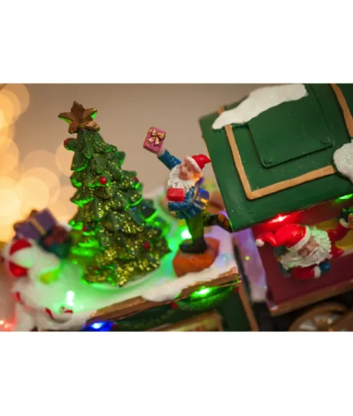 Ornement de table, train musical animé avec le Père Noël et ses elfes.