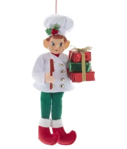 Ornement en tissu, elfe cuisinier avec des cadeaux de Noël