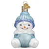 Ornement en verre, bébé bonhomme de neige en bleu
