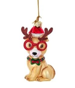 Ornement en verre, chien à lunettes rouges