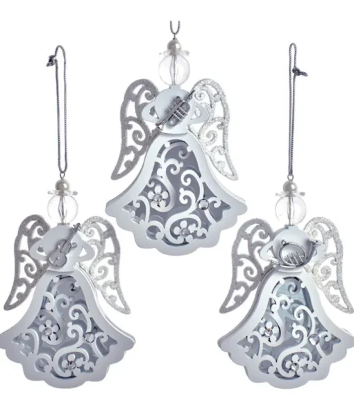 Ornement, forme d'ange aux ailes scintillantes, portant une trompette
