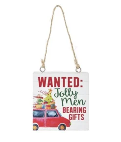 Ornement, plaque en bois, avec message "Wanted: Jolly Men, bearing gifts"