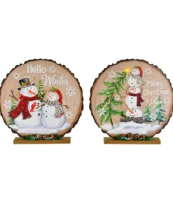 Pièce de table, bûche en bois avec des bonhommes de neige