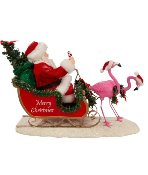 Père Noël Fabriché™ en traîneau avec flamants roses 10"
