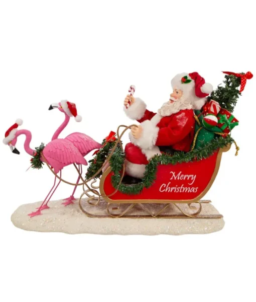 Père Noël Fabriché™ en traîneau avec flamants roses 10"