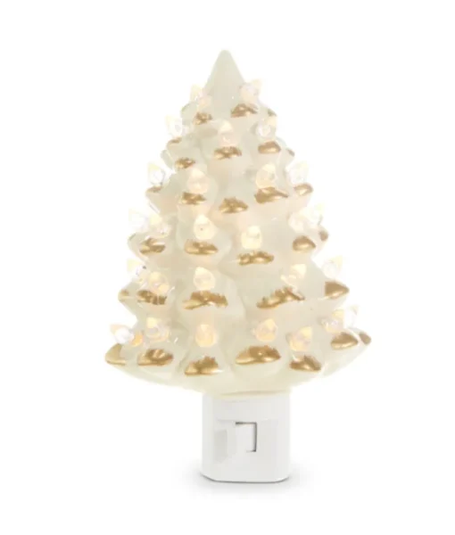 Veilleuse sapin en céramique blanche et dorée