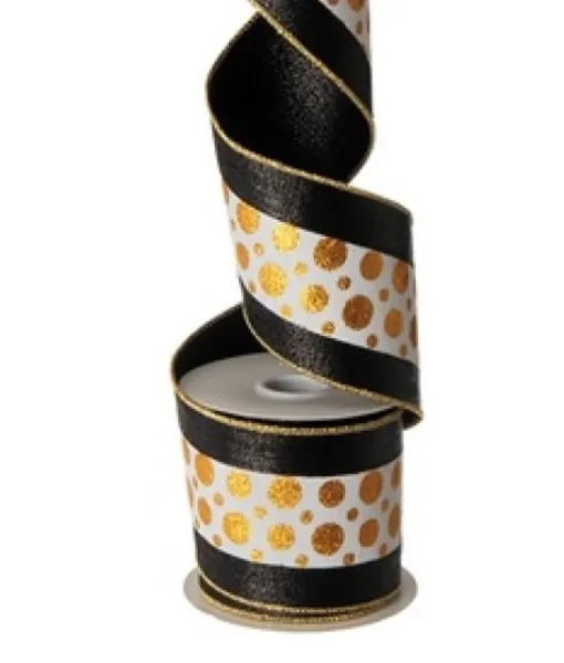 4" x 10yds ruban noir, blanc et or Polka Dot
